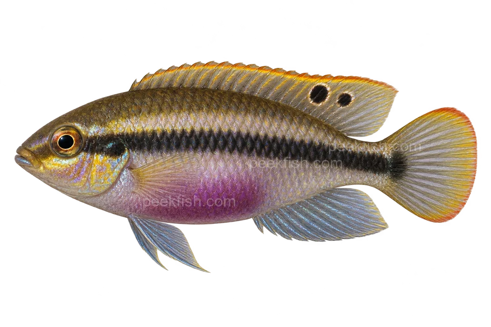 Kribensis, adult female, ordinary colour form with purple belly, left-facing AI illustration