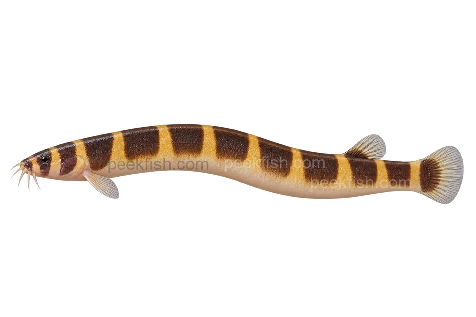 AI illustration of a left-facing Pangio semicincta with an elongated body, dark brown bands, a pale belly and fine mouth barbels