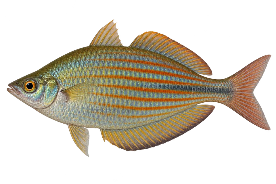 AI illustration of adult male Melanotaenia affinis, complete left-facing side view, Pagwi form