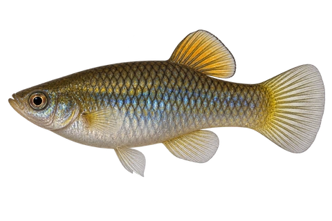 Limia sulphurophila 自然型成年雌鱼左向AI示意图,深色鳞缘、蓝色反光、小型黄橙背鳍和圆尾。