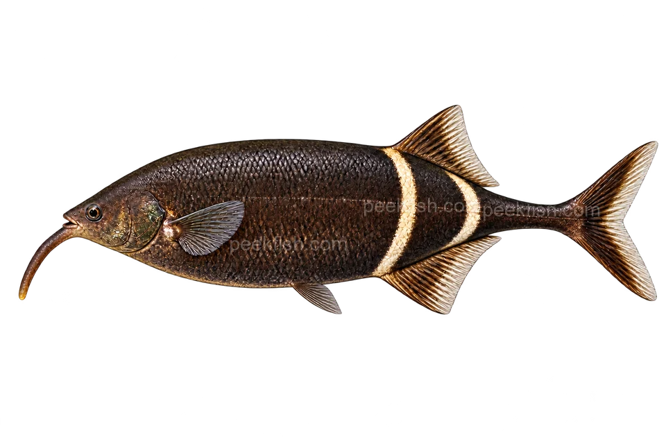 AI illustration of Gnathonemus petersii, complete left-facing side view