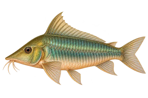 Brochis multiradiata,朝左的AI生成成体示意插画