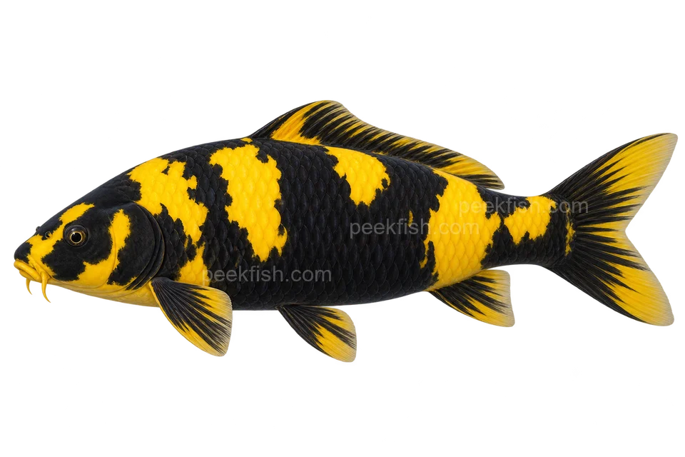 Ki Utsuri koi, complete left-facing side-view AI illustration