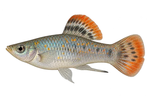 Left-facing adult male Poecilia salvatoris AI illustration with silver-blue body and orange-red short dorsal and rounded tail.
