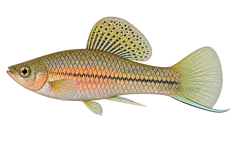 Left-facing adult male Xiphophorus cortezi AI illustration with pink-grey green body, spotted dorsal and short sword.