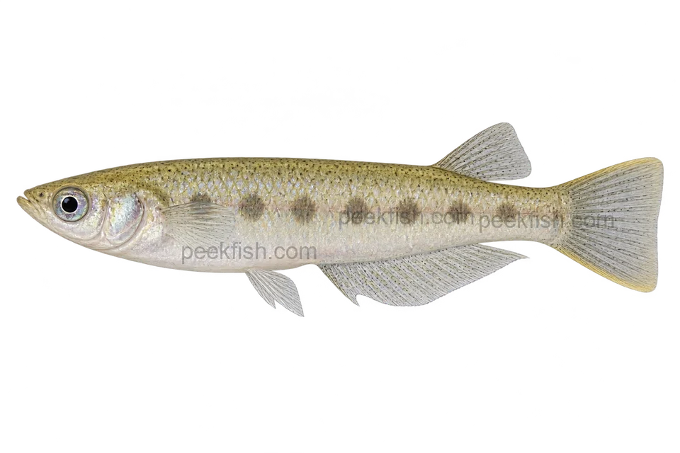 Doping-doping ricefish, natural adult male with pale yellow-silver flanks and diffuse dark spots, left-facing transparent AI illustration